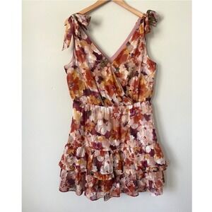 The General Good Floral Tie Shoulder Ruffle Mini Dress Orange Burgundy L boho